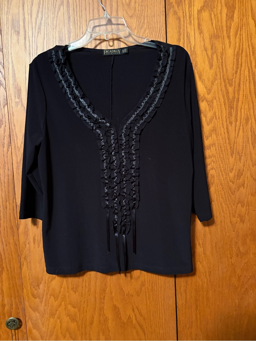 Picadilly Fashion Black Ruffle-Trim V-Neck 3/4 Sleeve Blouse
